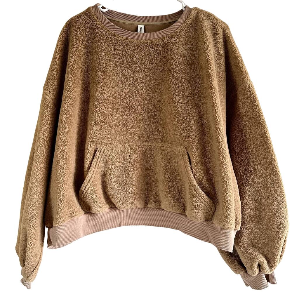 Nap Loungewear Teddy Sweatshirt Drop Sleeve Kangaroo Pocket Pullover Tan M